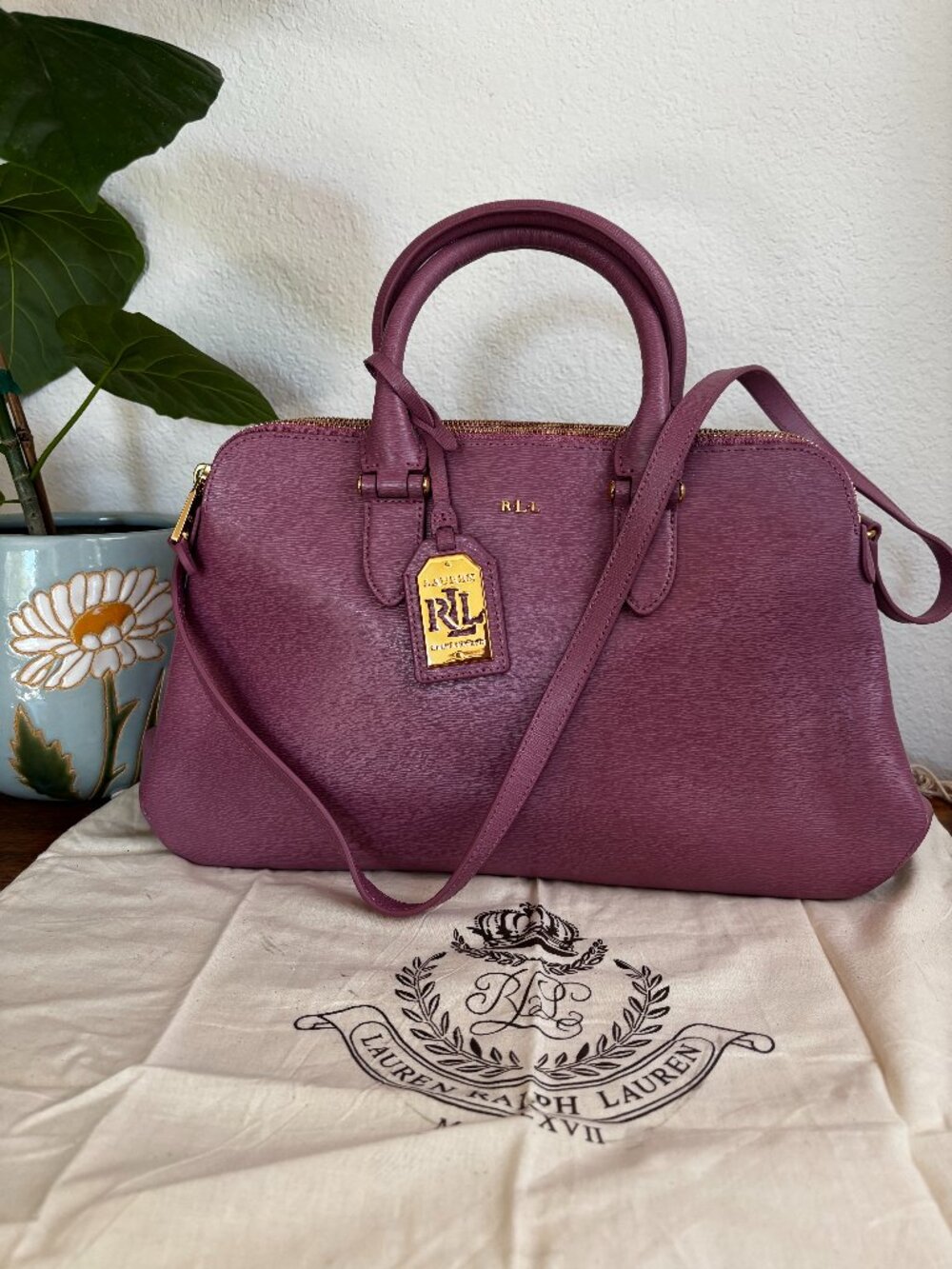 Authentic Lauren Ralph Lauren Mauve Leather Satchel Crossbody Handbag
